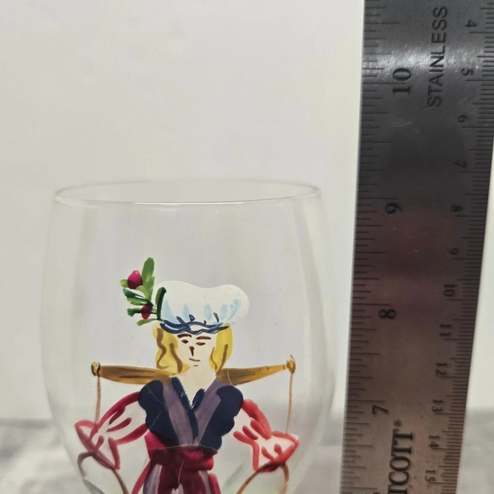 Hand Painted Folk Art Wine Glass Red White Candy Cane Twist Stem Holiday Holly